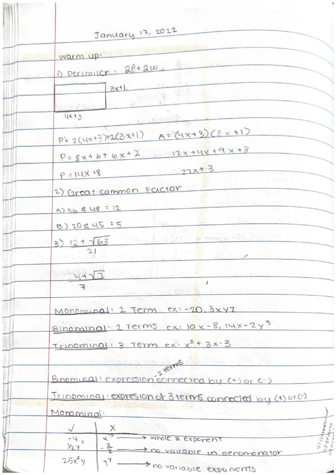 January 17, 2022

warm up:
▷ Perimiter: 20+ 2w

3x+1

4x13

P= 2(4x+3)+2(3x+1) A= (4x+3)(2x+1)
P= 8x + 6 + 6x+2
12x+4x+ 9x +3
P=14X+8
27x+3
