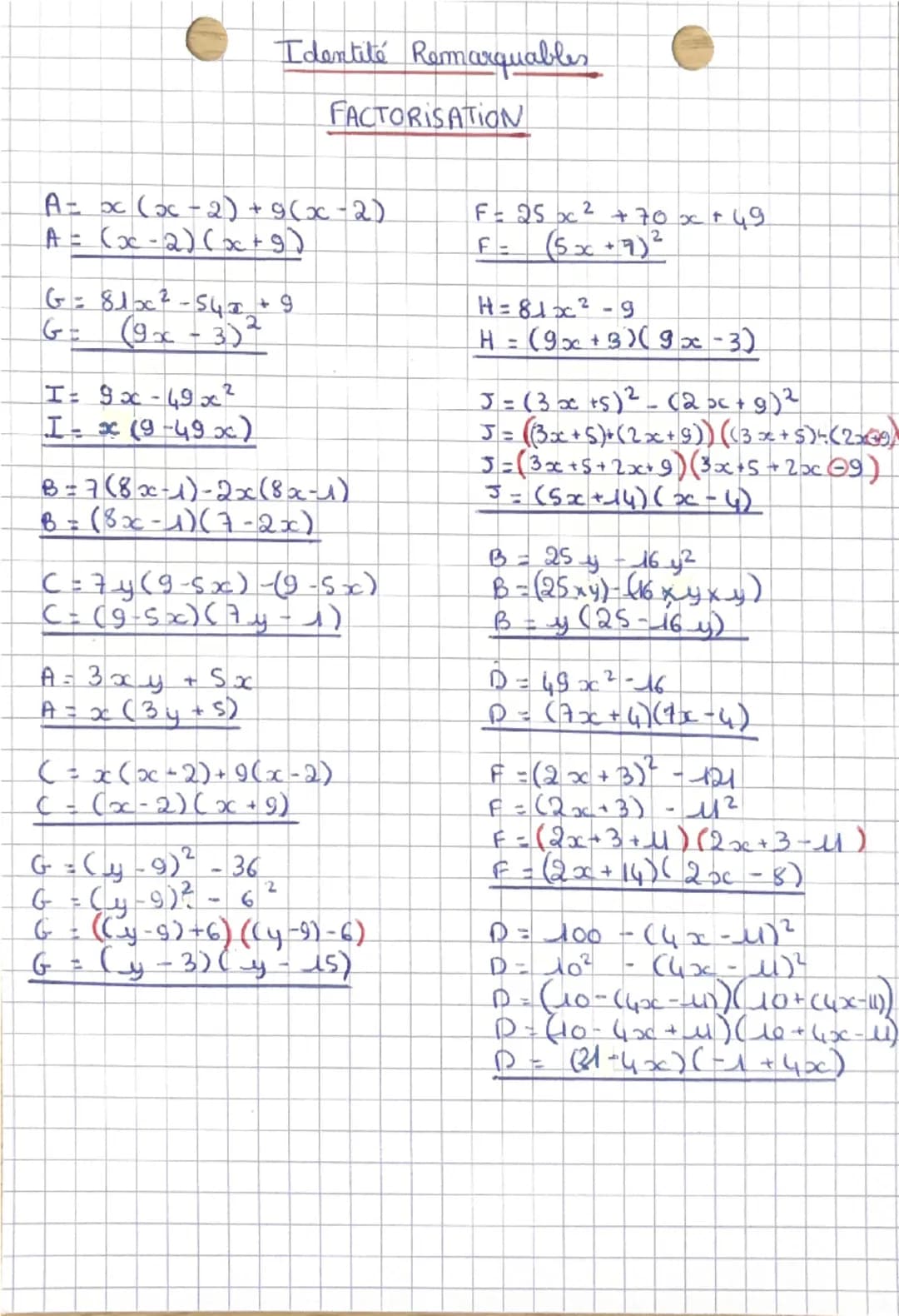 Identités Remarquables

DEVELO PPEMENT

developper

$(a + b)^2$ 
=
$(a-b)^2$
=
$a^2-b^2$
=

FACTORISATION

$a^2 + 2x ax b + b^2$

$a^2-2xaxb