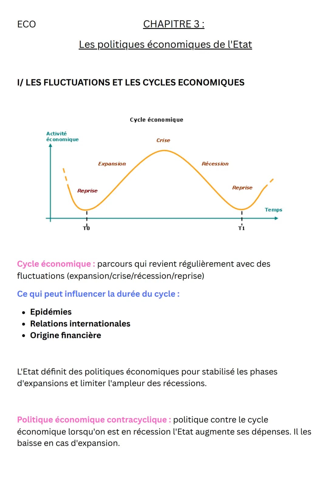 ECO

CHAPITRE 3:

Les politiques économiques de l'Etat

I/ LES FLUCTUATIONS ET LES CYCLES ECONOMIQUES

Activité
économique

Reprise

то

Exp