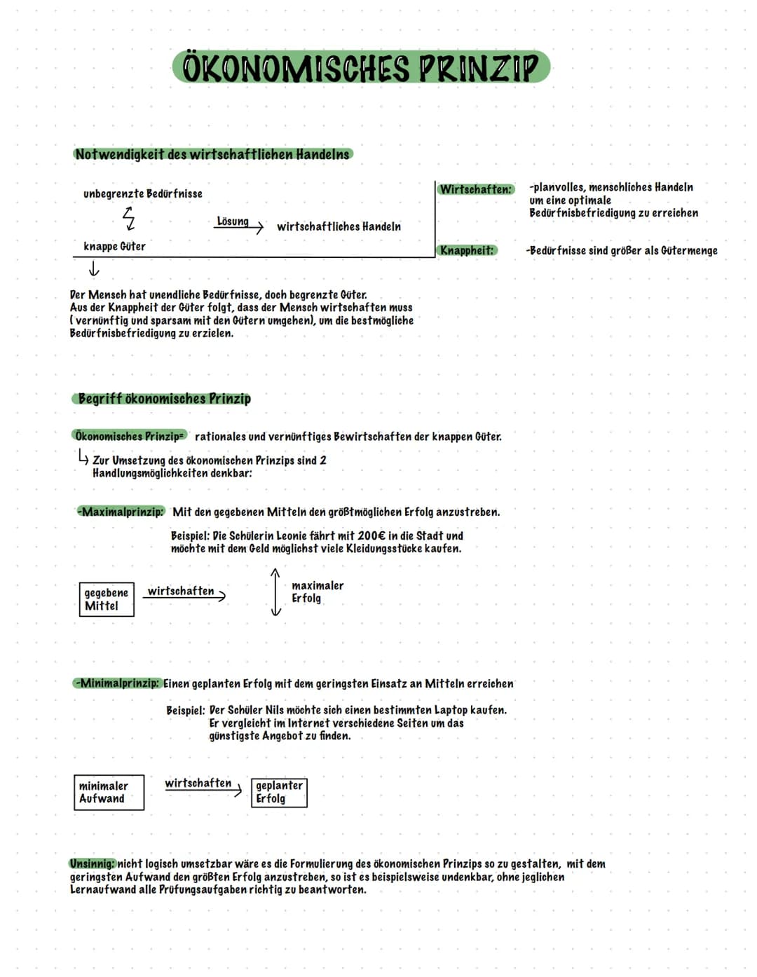 # ÖKONOMISCHES PRINZIP

Notwendigkeit des wirtschaftlichen Handelns

unbegrenzte Bedürfnisse

そ

knappe Güter

↓

Wirtschaften: -planvolles,