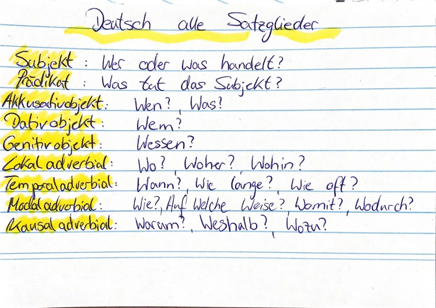 Deutsch alle Satzglieder

Subjekt: Wer oder was handelt?
Prädikat: Was tut das Subickt?
Akkusativobjekt: Wen? Was?
Dativobjekt: Wem?
Genitiv