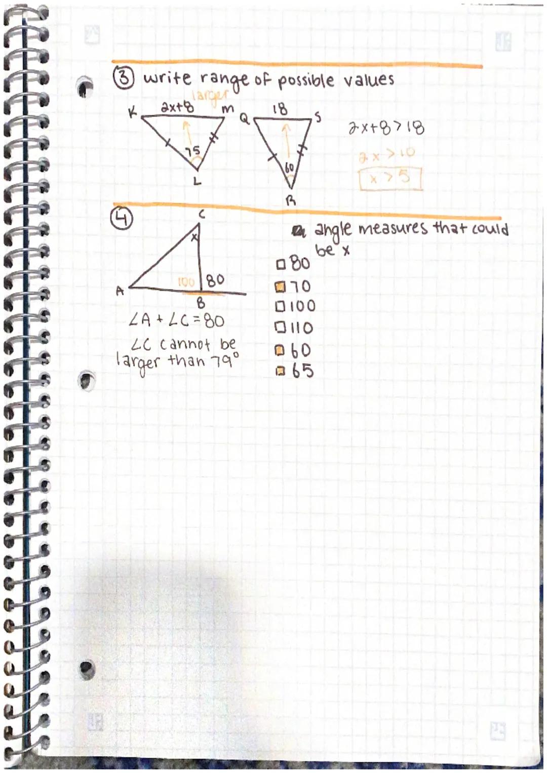 # 3.7 Inequalities in one triangle
TRIANGLE INEQUALITY THEOREM
-the sum of the lengths
of the two smaller sides
of a triangle must be
greate