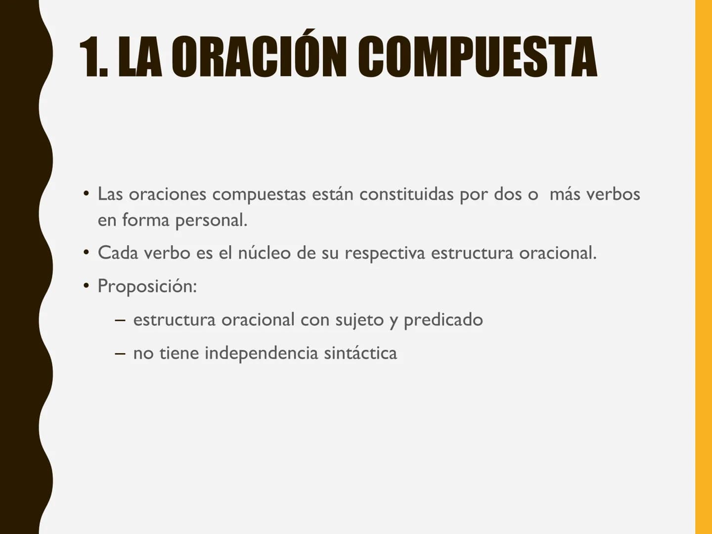 LA
ORACIÓN
COMPUESTA
TEMA
7 ESQUEMA

1. La oración compuesta
   - Coordinación, subordinación y yuxtaposición
2. La coordinación
3. La subor