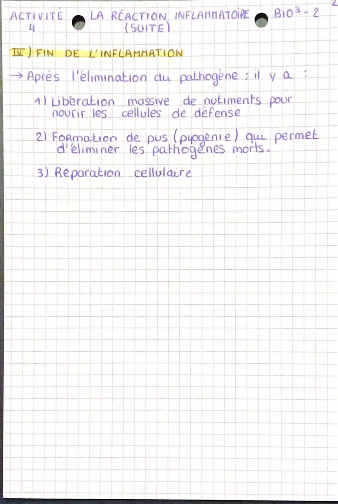 ACTIVITE
4 LA RÉACTION INFLAMMATOIRE B103-2

→L'objectif de celte Reaction est d'empécher la
propagation des agents étrangers, et de fes éli
