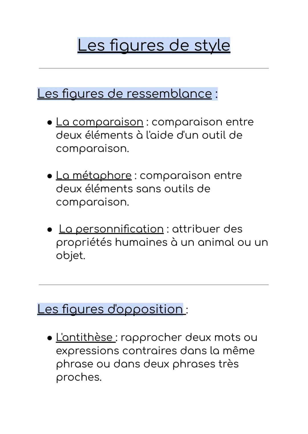 # Les figures de style

Les figures de ressemblance :

- La comparaison: comparaison entre
deux éléments à l'aide d'un outil de
comparaison.