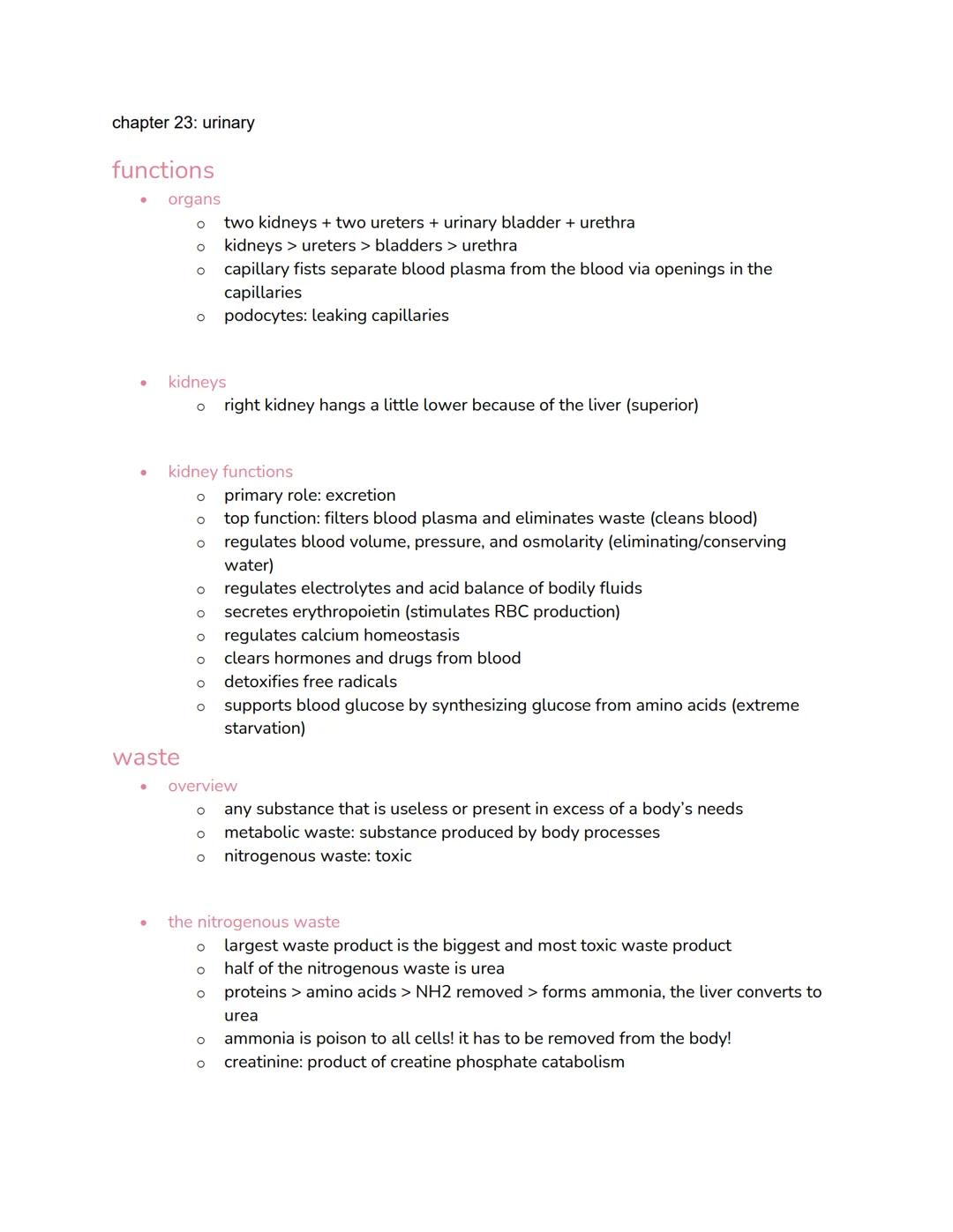 chapter 23: urinary

functions
*   organs
    *   two kidneys + two ureters + urinary bladder + urethra
    *   kidneys > ureters > bladders