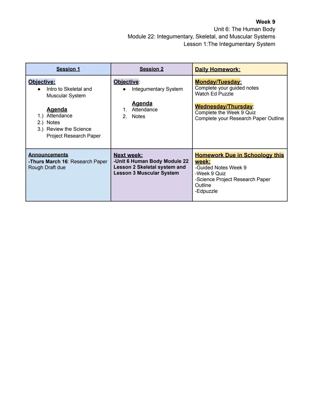 Week 9
Unit 6: The Human Body
Module 22: Integumentary, Skeletal, and Muscular Systems
Lesson 1: The Integumentary System

| Session 1 | Ses