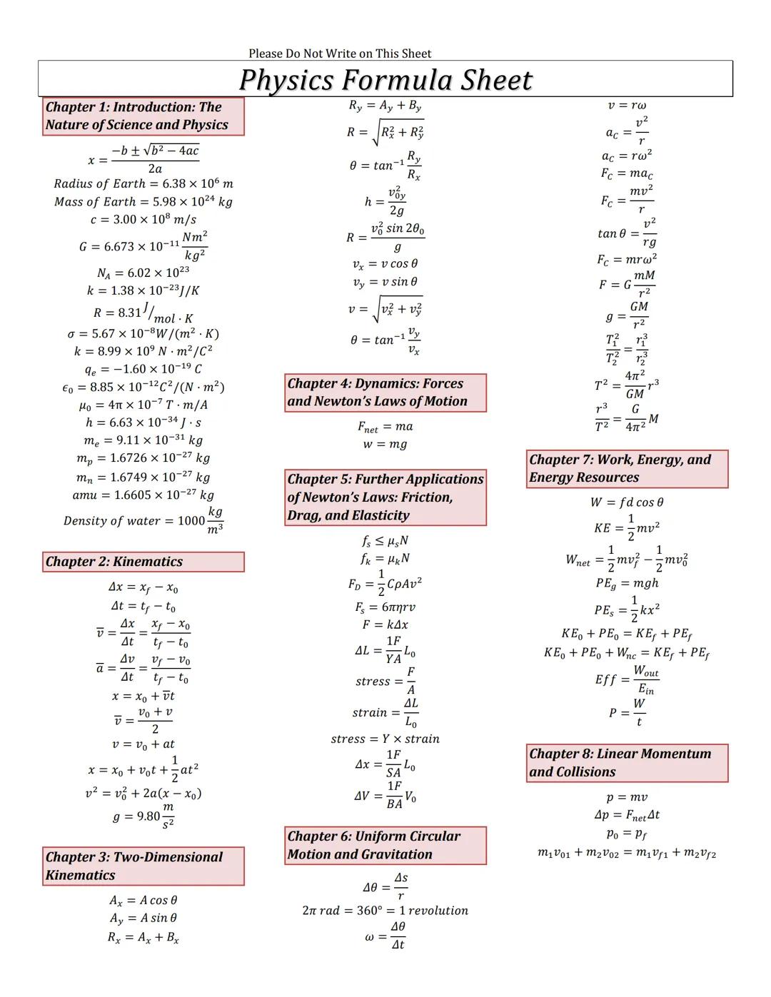 Please Do Not Write on This Sheet

Physics Formula Sheet

Chapter 1: Introduction: The
Nature of Science and Physics

x =
$\frac{-b \pm \sqr