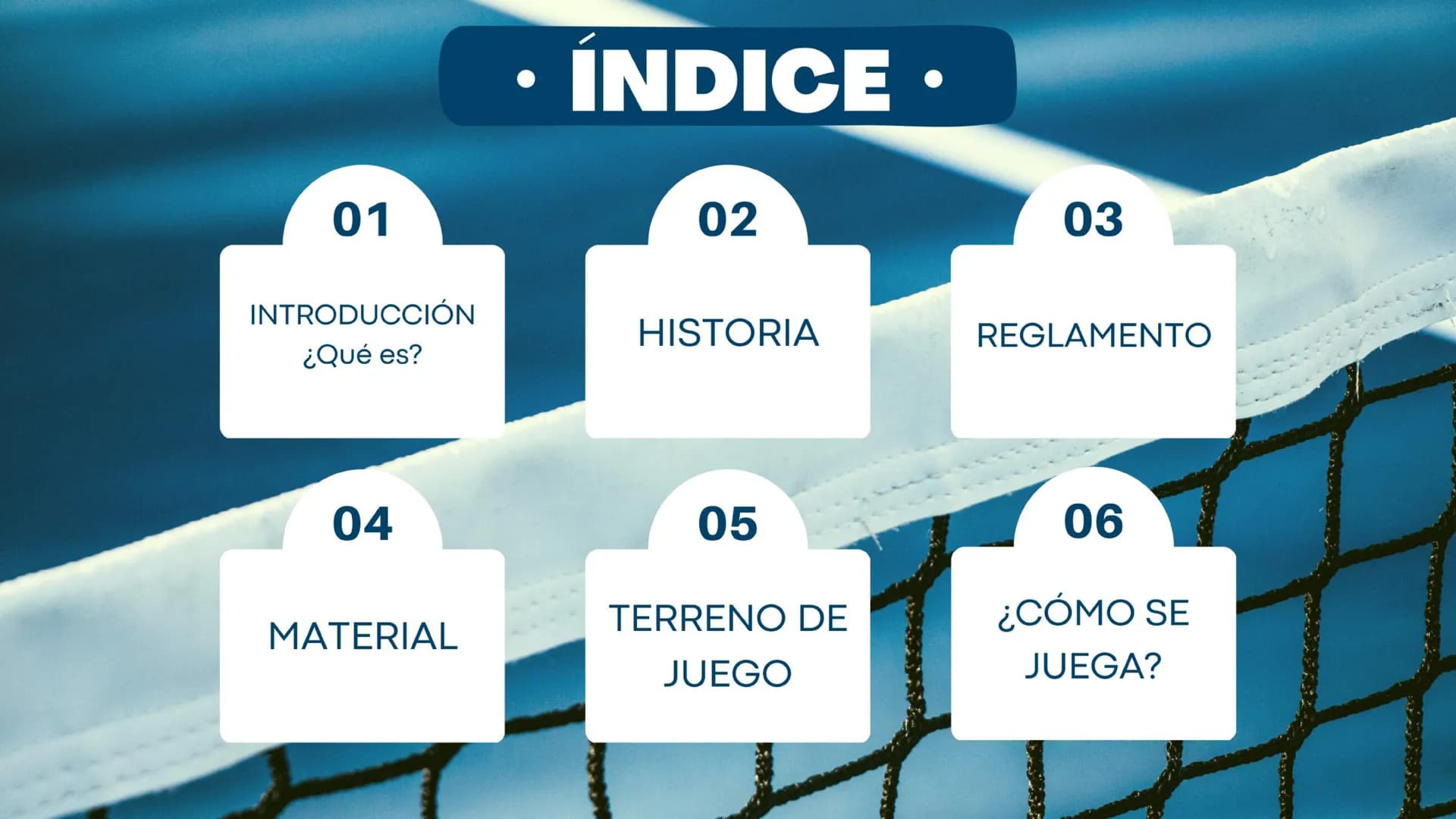 # PICKLEBALL

Cristina González Doñoro - B1ZZ - • ÍNDICE •

01

INTRODUCCIÓN
¿Qué es?

02

HISTORIA

03

REGLAMENTO

04

MATERIAL

05

TERRE