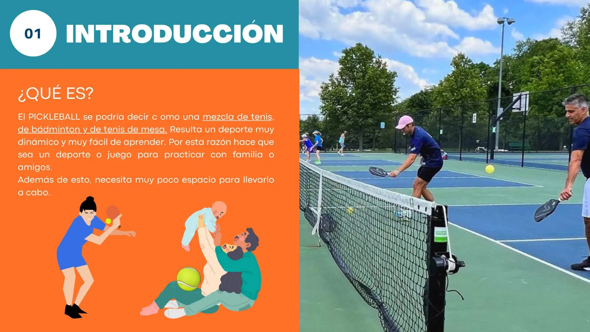 # PICKLEBALL

Cristina González Doñoro - B1ZZ - • ÍNDICE •

01

INTRODUCCIÓN
¿Qué es?

02

HISTORIA

03

REGLAMENTO

04

MATERIAL

05

TERRE