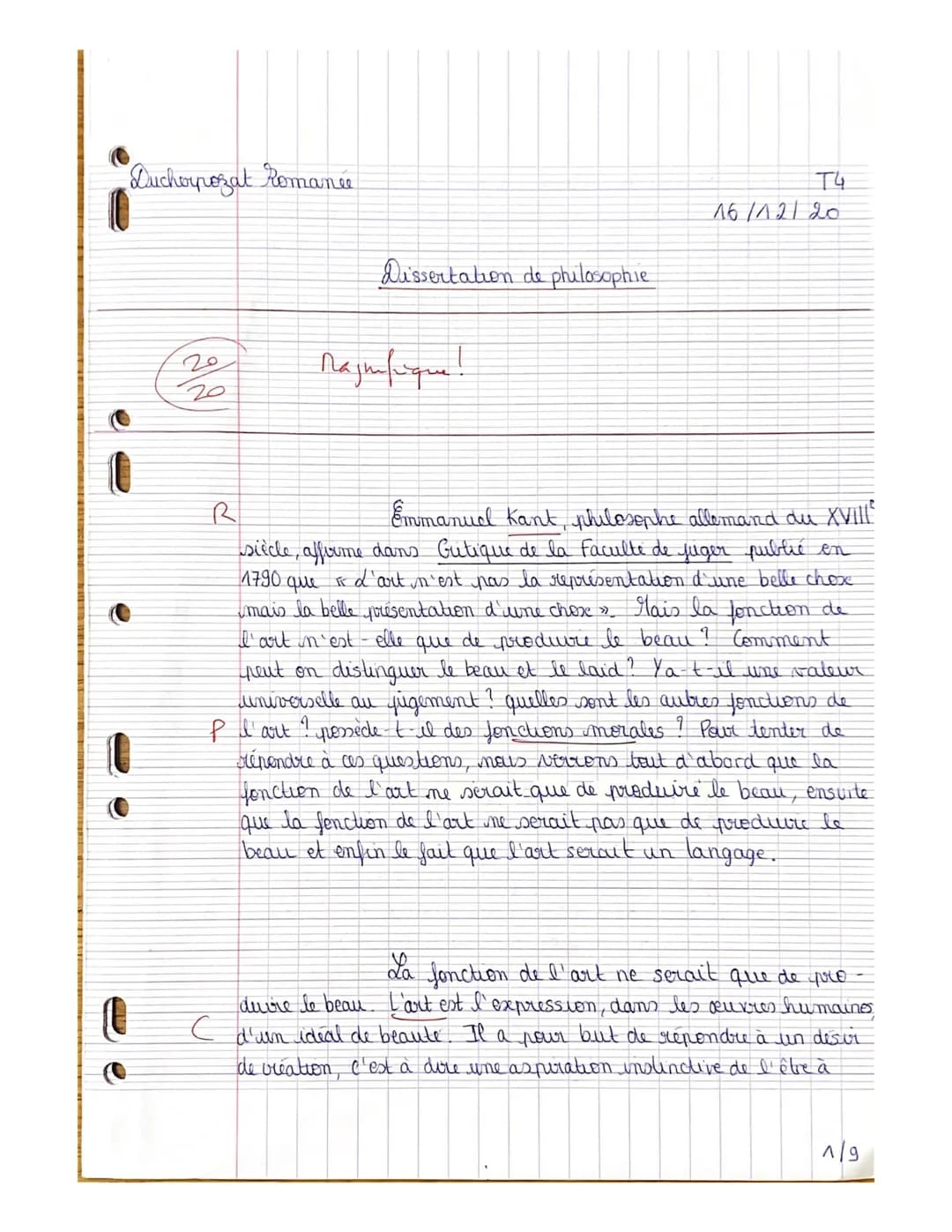 Duchorpozat Romance

T4
16/12/20

Dissertation de philosophie

20
20

Najafique!

C

R
Emmanuel Kant, philosophe allemand du XVIII
siècle, a