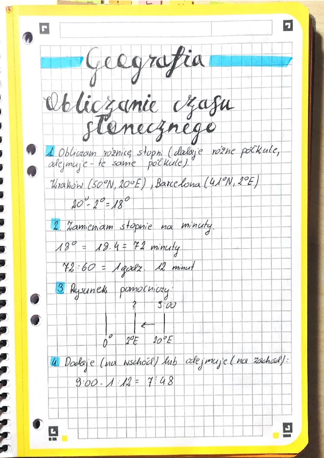 Geografia

Obliczanie zasu
stonecznego

1. Obliczam różnicę stopni (dalaje różne počkule,
adejmuje te same počkule).
Thrakow (50°N, 20°E), B