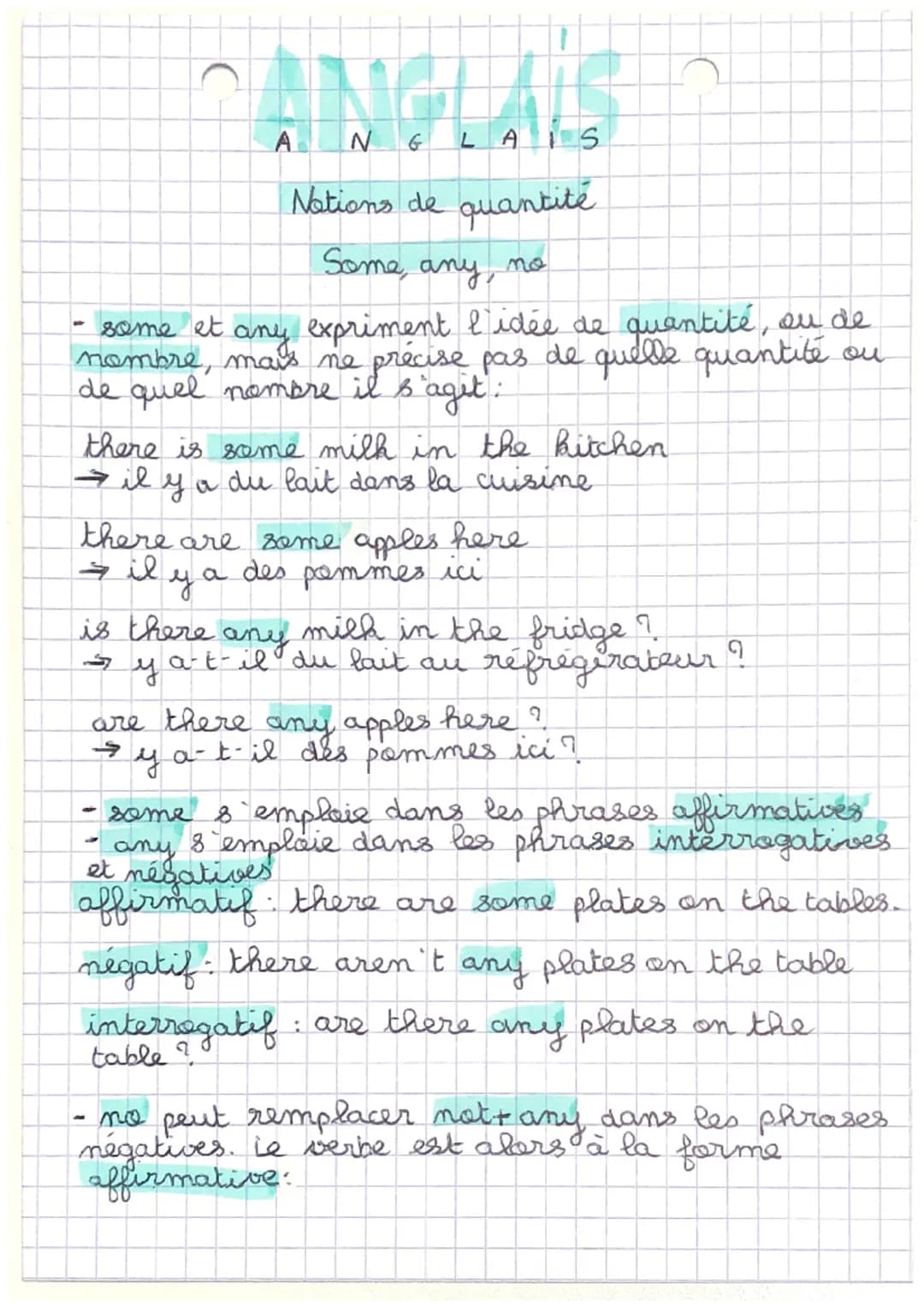 # ANGLAS
ANGLAIS

Notions de quantité

Some, any, no

- some et any expriment l'idée de quantité, ou de
nombre, mais ne précise pas de quell