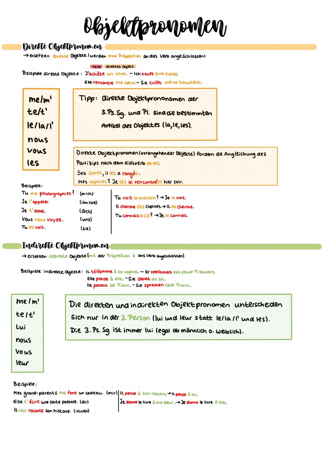 # Objektpronomen

Direkte Objektpronomen

→ersetzen direkte Objekte I werden ohne Präposition an das verb angeschlossen)

Verb direktes Obje