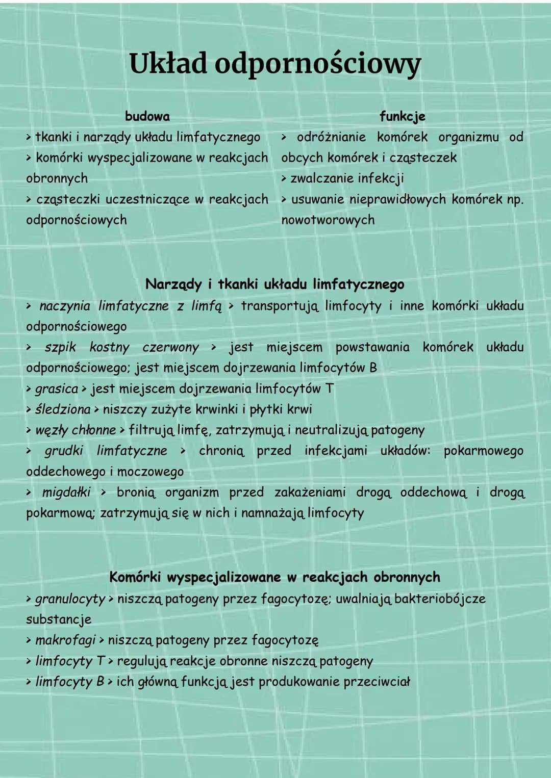 # Układ odpornościowy

## budowa
> tkanki i narządy układu limfatycznego
> komórki wyspecjalizowane w reakcjach
obronnych
> cząsteczki uczes
