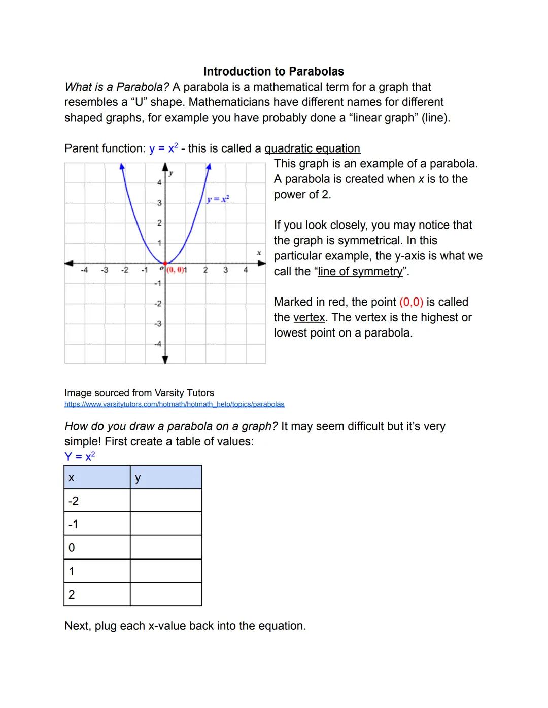 # Introduction to Parabolas

What is a Parabola? A parabola is a mathematical term for a graph that
resembles a "U" shape. Mathematicians ha