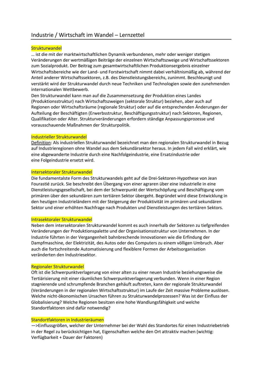 # Industrie / Wirtschaft im Wandel - Lernzettel

Strukturwandel

... ist die mit der marktwirtschaftlichen Dynamik verbundenen, mehr oder we