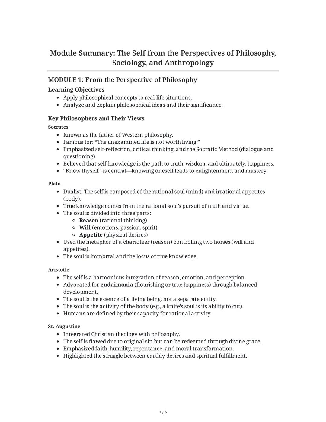 Module Summary: The Self from the Perspectives of Philosophy,
Sociology, and Anthropology
MODULE 1: From the Perspective of Philosophy
Learn