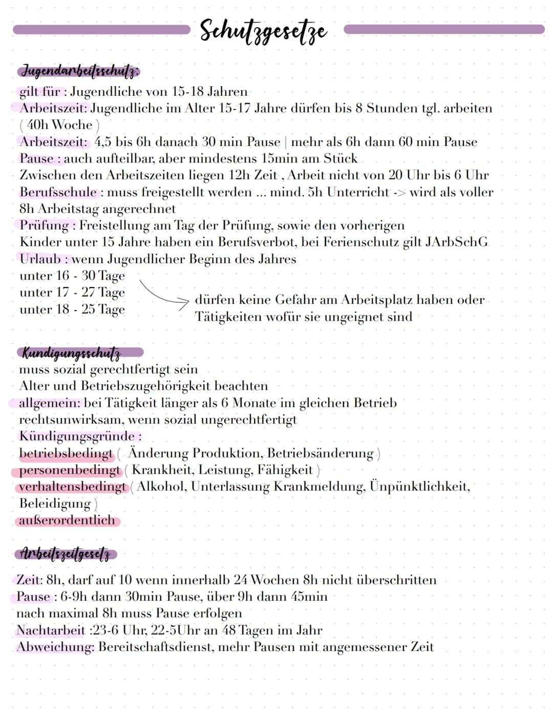 # Schutzgesetze

Jugendarbeitsschutz:

gilt für: Jugendliche von 15-18 Jahren
Arbeitszeit: Jugendliche im Alter 15-17 Jahre dürfen bis 8 Stu