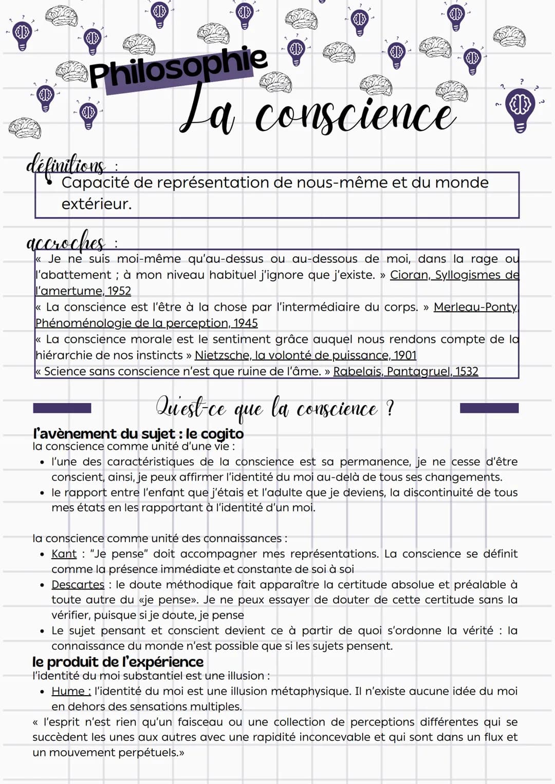 # Philosophie

La conscience

définitions:

Capacité de représentation de nous-même et du monde
extérieur.

accroches:

« Je ne suis moi-mêm