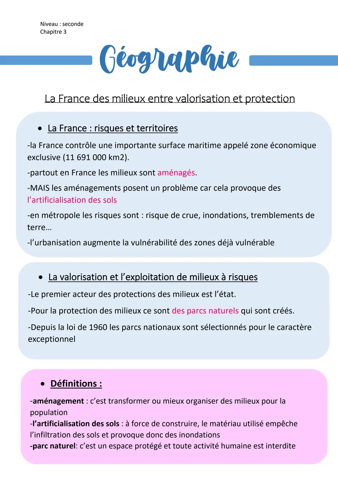 Niveau: seconde
Chapitre 3

# Géographie

La France des milieux entre valorisation et protection

*   La France : risques et territoires

-l