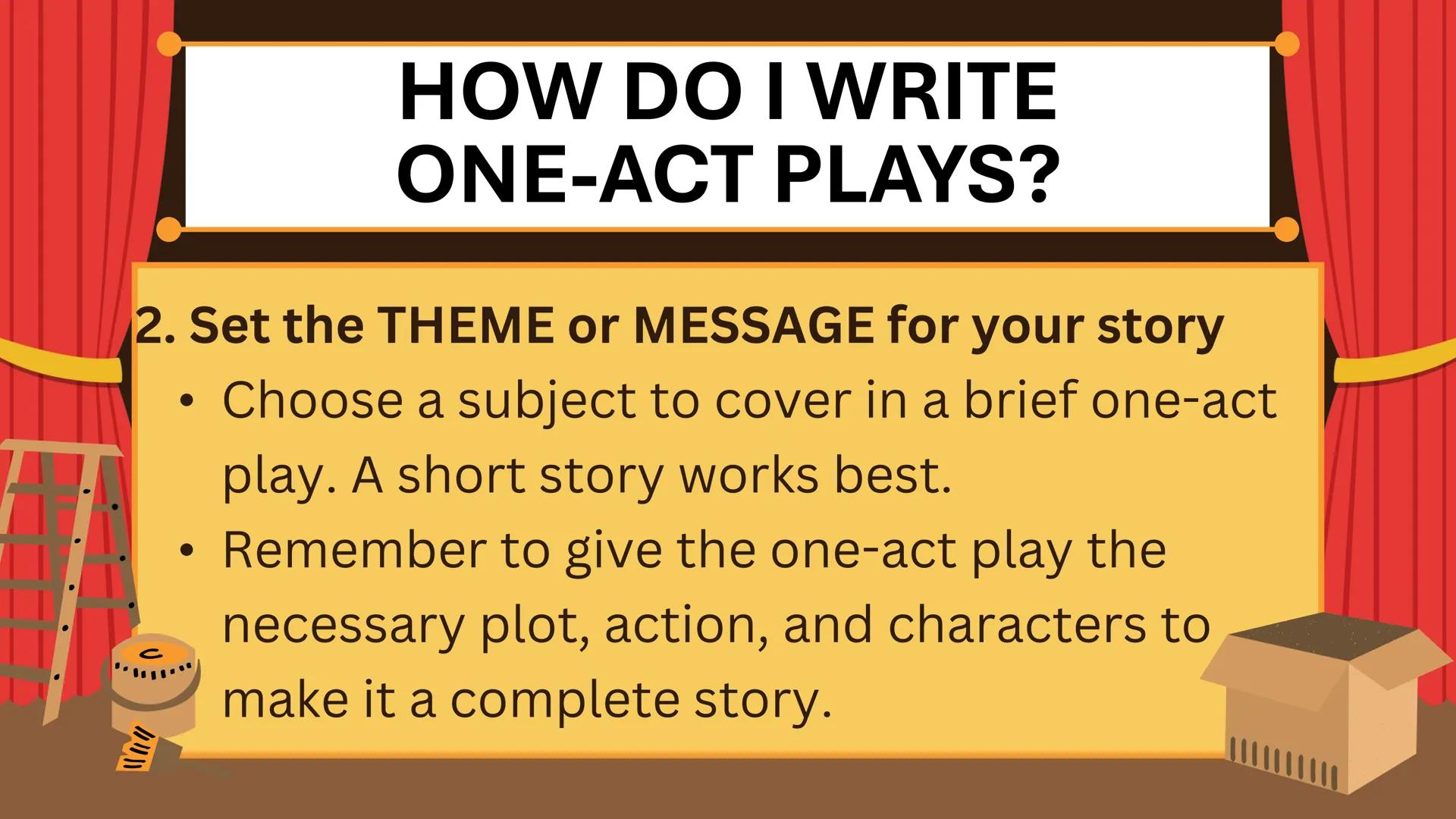 C
# ONE-ACT PLAY
Things to Know and Guidelines in
Preparing for your One-Act Play # WRITING A
# ONE-ACT PLAY # One-Act Play

A one-act play 