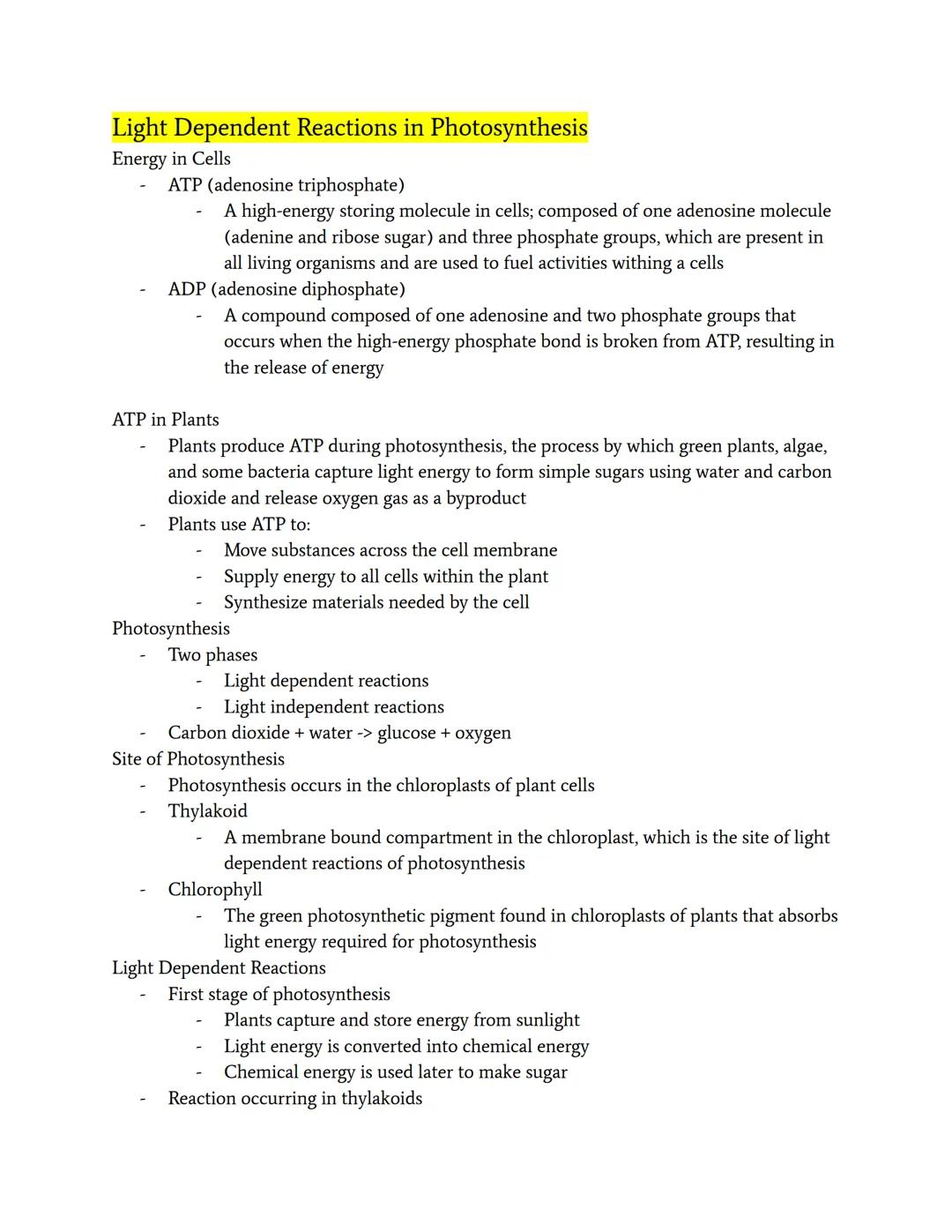 Light Dependent Reactions in Photosynthesis
Energy in Cells
- ATP (adenosine triphosphate)
  - A high-energy storing molecule in cells; comp