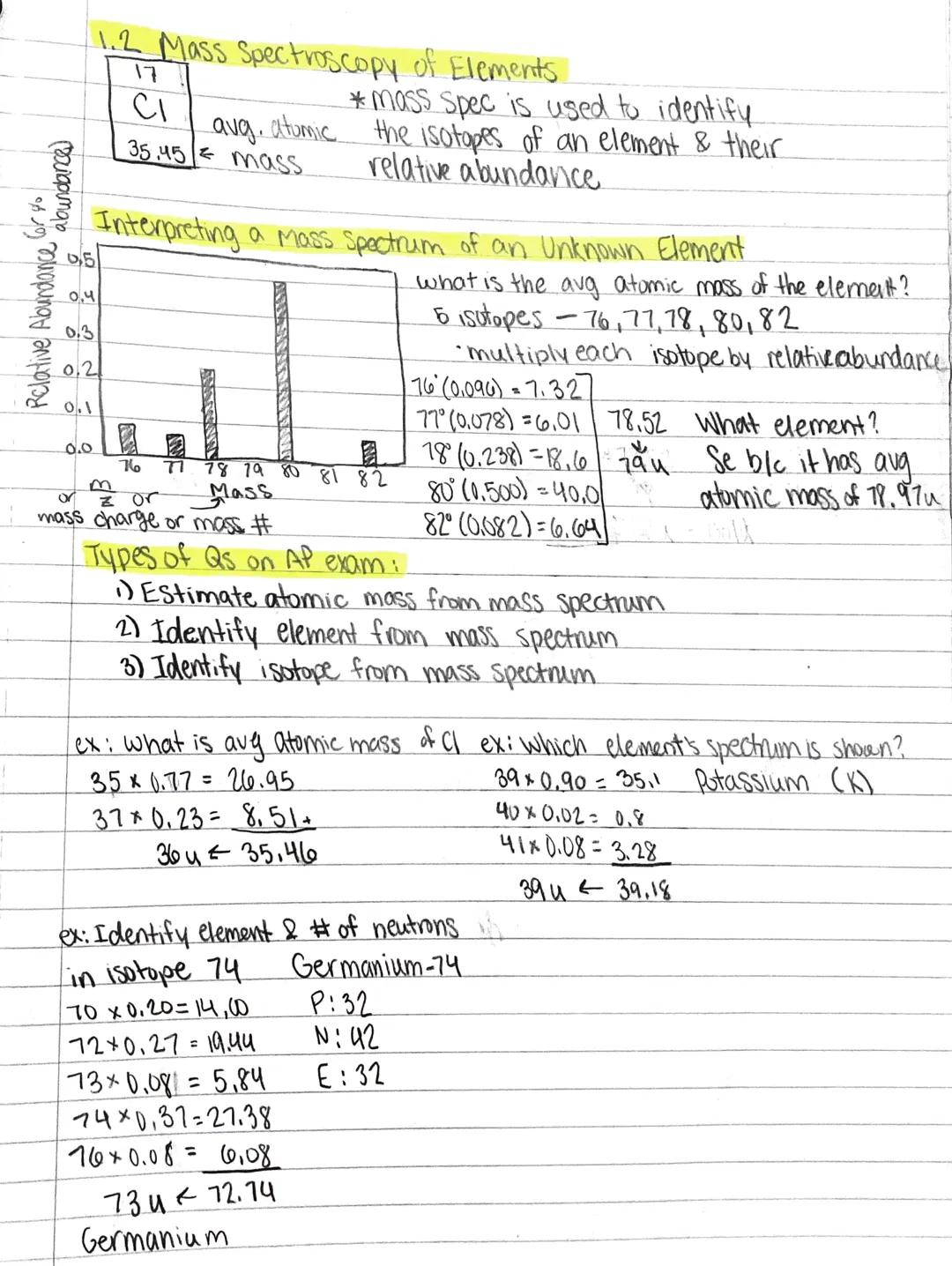 # 1.2 Mass Spectroscopy of Elements

17
CI
avg. atomic
35.45 mass
*mass spec is used to identify
the isotopes of an element & their
relative