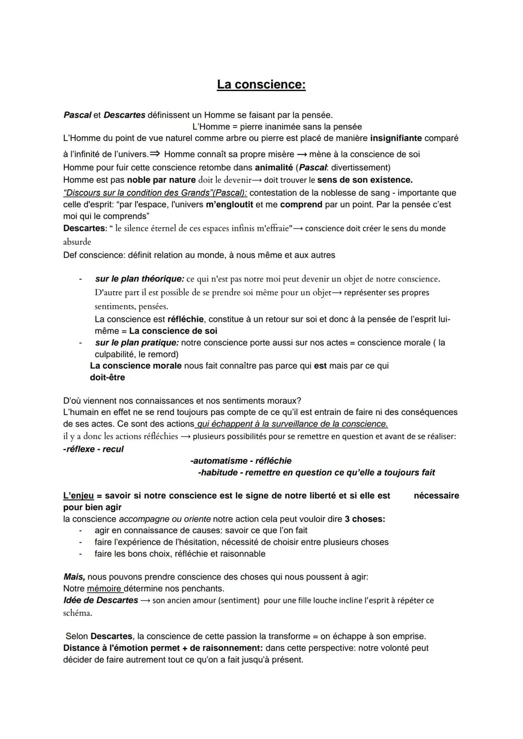 # La conscience:

Pascal et Descartes définissent un Homme se faisant par la pensée.

L'Homme = pierre inanimée sans la pensée

L'Homme du p