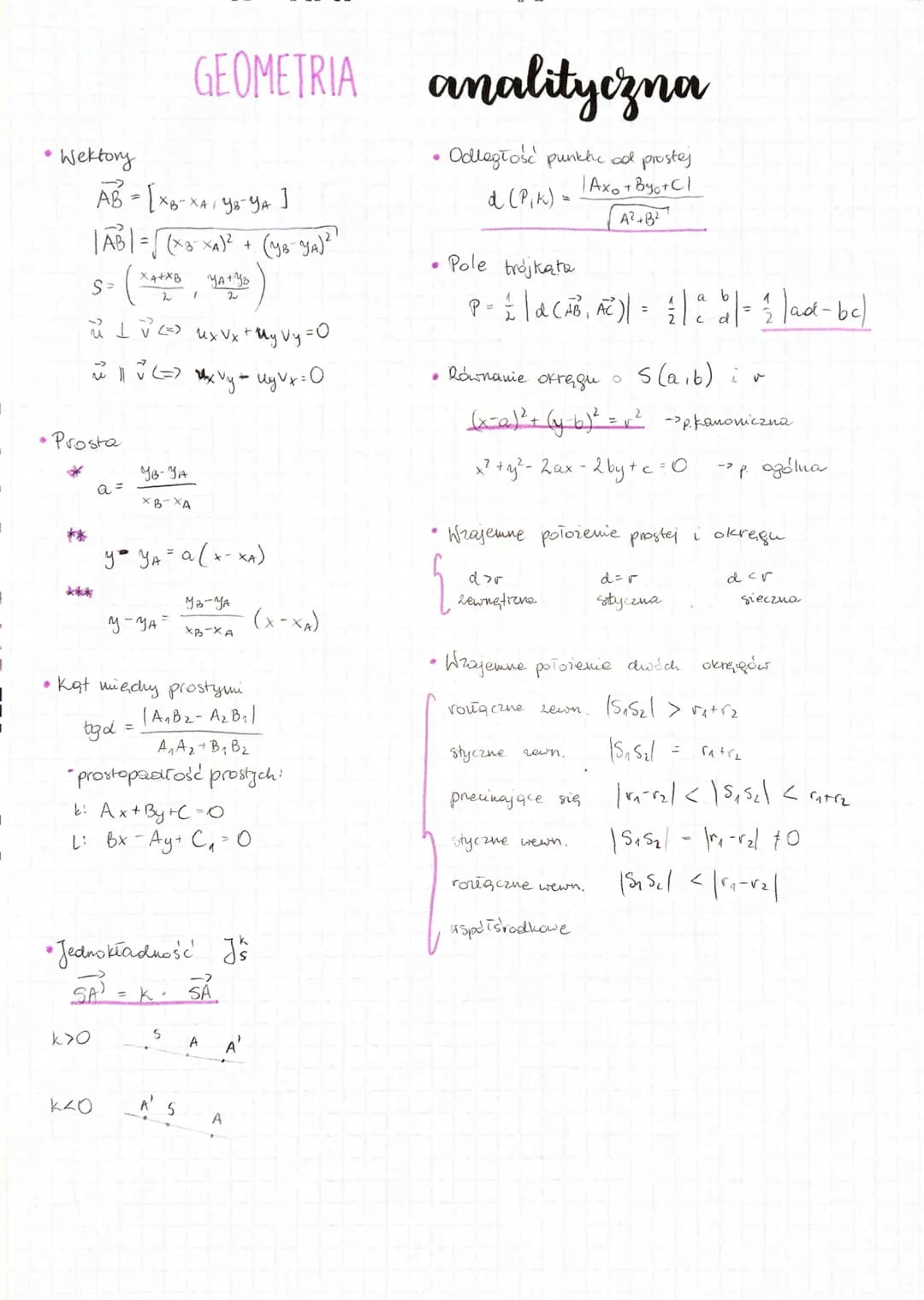 # GEOMETRIA analityczna

• Wektory

$AB=[x_B-x_A, y_B-y_A]$

$|AB|=\sqrt{(x_B-x_A)^2 + (y_B-y_A)^2}$

$s=(\frac{x_A+x_B}{2}, \frac{y_A+y_B}{