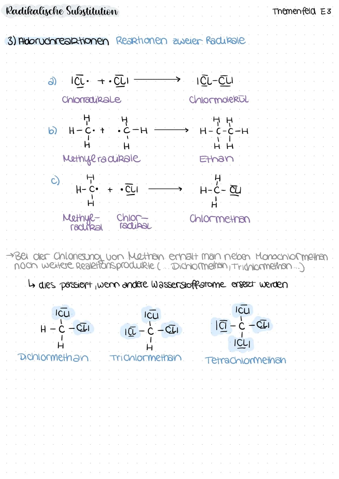# Radikalische Substitution

Radikal
Tellchen mit ungepaarten
Elektronen
→extrem Reartiu

Substitution
Reaktion, bei der in einem
Molekül ei