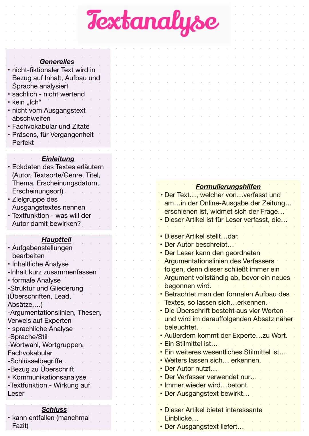# Textanalyse

Generelles

*   nicht-fiktionaler Text wird in Bezug auf Inhalt, Aufbau und Sprache analysiert
*   sachlich nicht wertend
*  