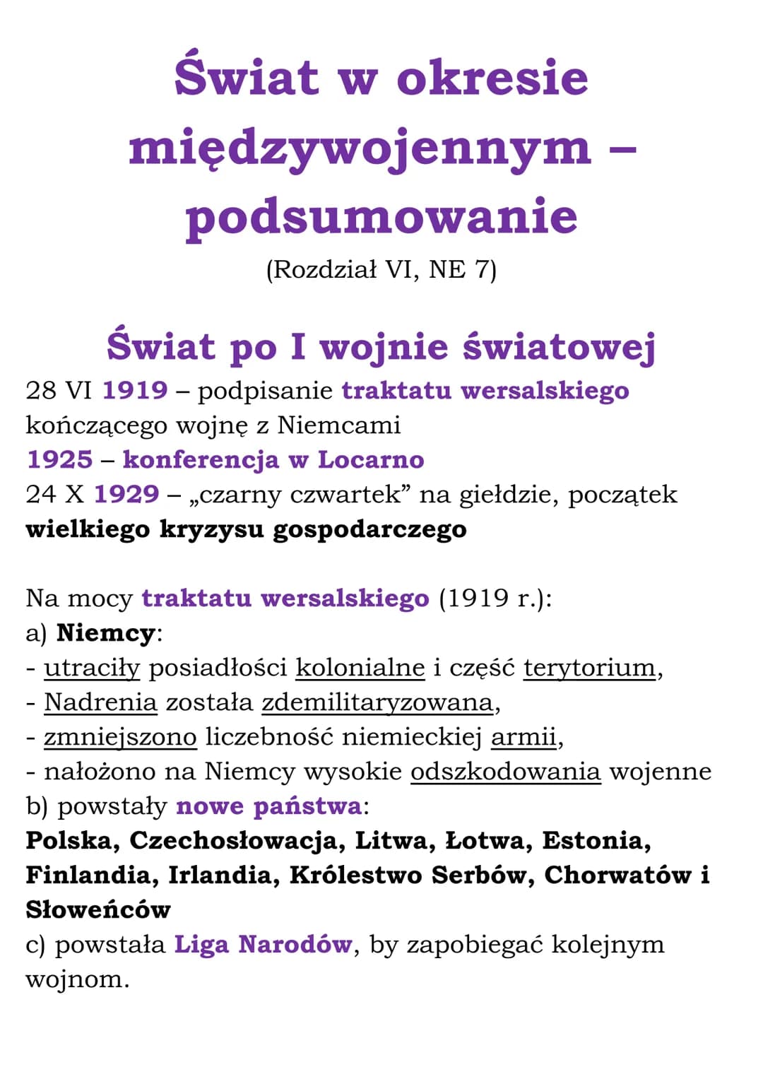 # Świat w okresie
międzywojennym –
podsumowanie

(Rozdział VI, NE 7)

# Świat po I wojnie światowej
28 VI 1919 - podpisanie traktatu wersals