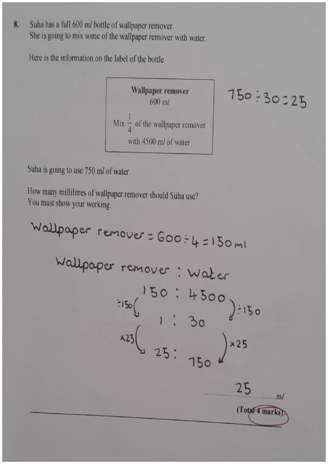 1. Work out 5.4×0.24

$5.4×10=54$

$0.24×100=24$

$54x24=1296$

$100×10=1000$

$1296\div1000 = 1.296$

1.296

(Total 3 marks)

2. The height