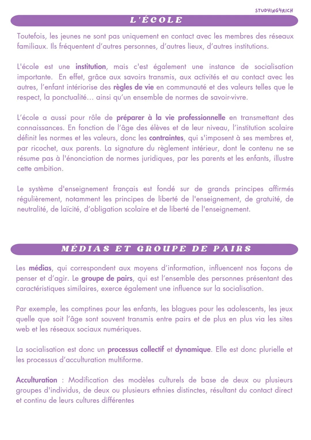# LA SOCIALISATION
SES

INTRODUCTION
STUDYING4RICH

La socialisation est un processus d'apprentissage qui permet à l'individu d'intérioriser