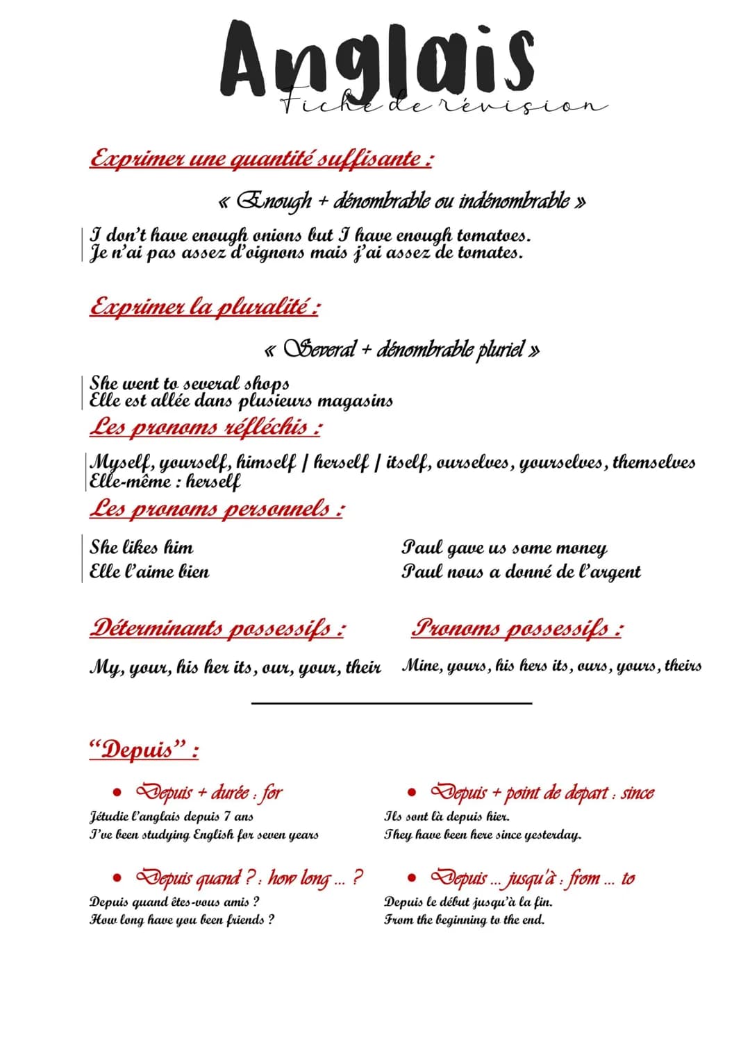 # Anglais
Fiche de revis

Exprimer une quantité suffisante :

on
<< Enough + dénombrable ou indénombrable >>>
I don't have enough onions but