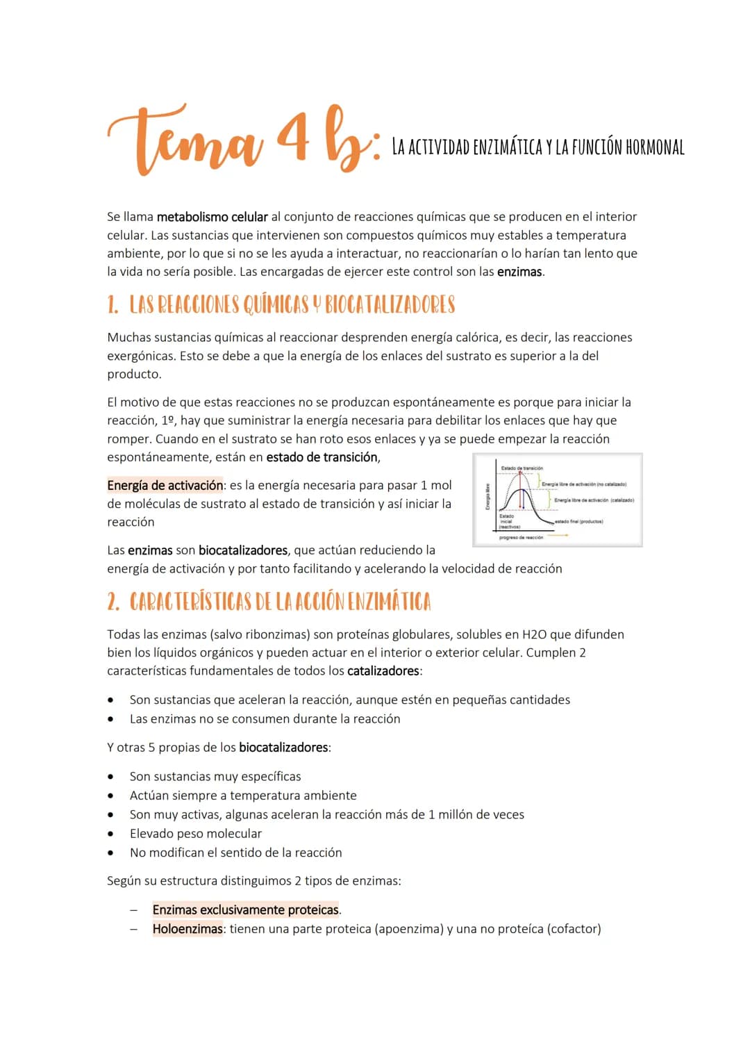 # Tema 4 b: LA ACTIVIDAD ENZIMÁTICA Y LA FUNCIÓN HORMONAL

Se llama metabolismo celular al conjunto de reacciones químicas que se producen e