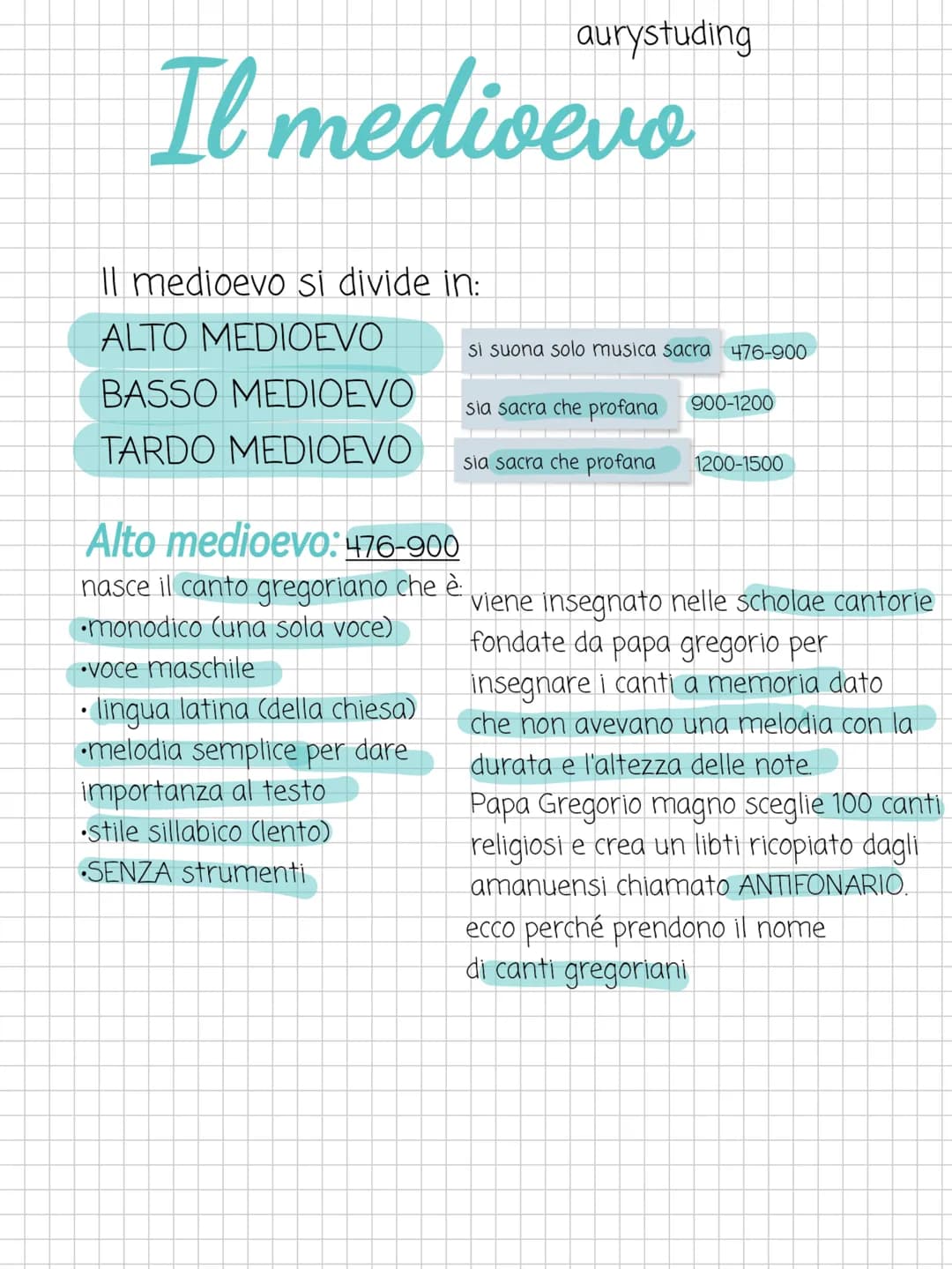 aurystuding

# Il medioevo

II medioevo si divide in:

ALTO MEDIOEVO

BASSO MEDIOEVO

TARDO MEDIOEVO

Alto medioevo: 476-900
nasce il canto 