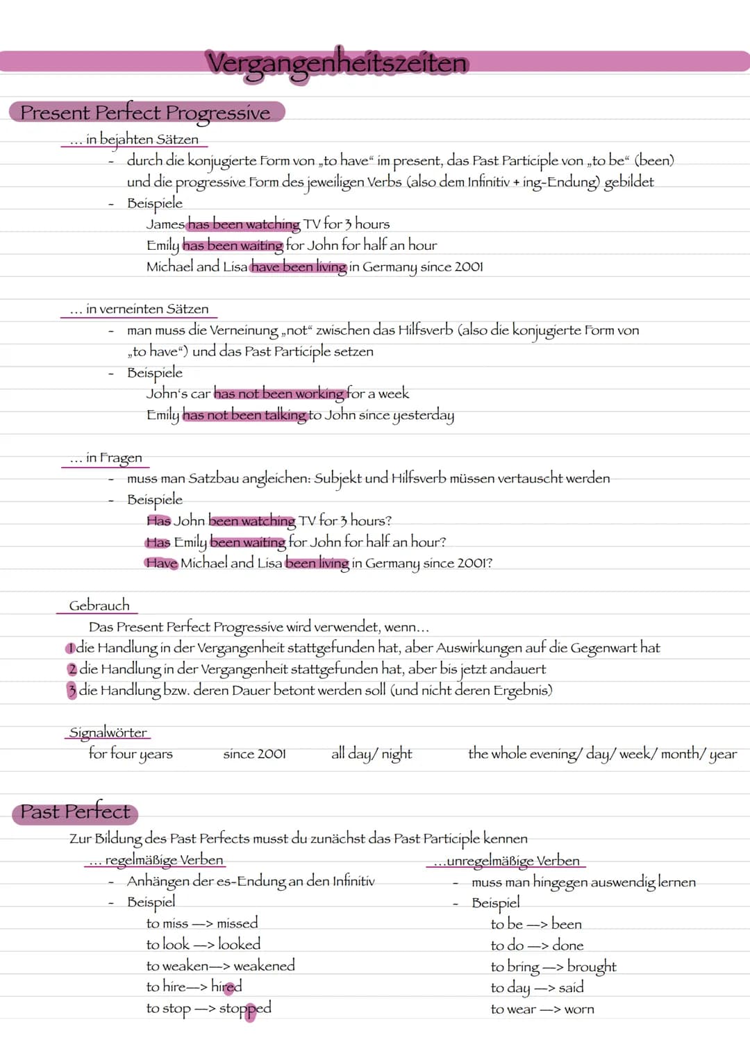 Grammatik # Vergangenheitszeiten

## Present Perfect Progressive

... in bejahten Sätzen

- durch die konjugierte Form von „to have" im pres