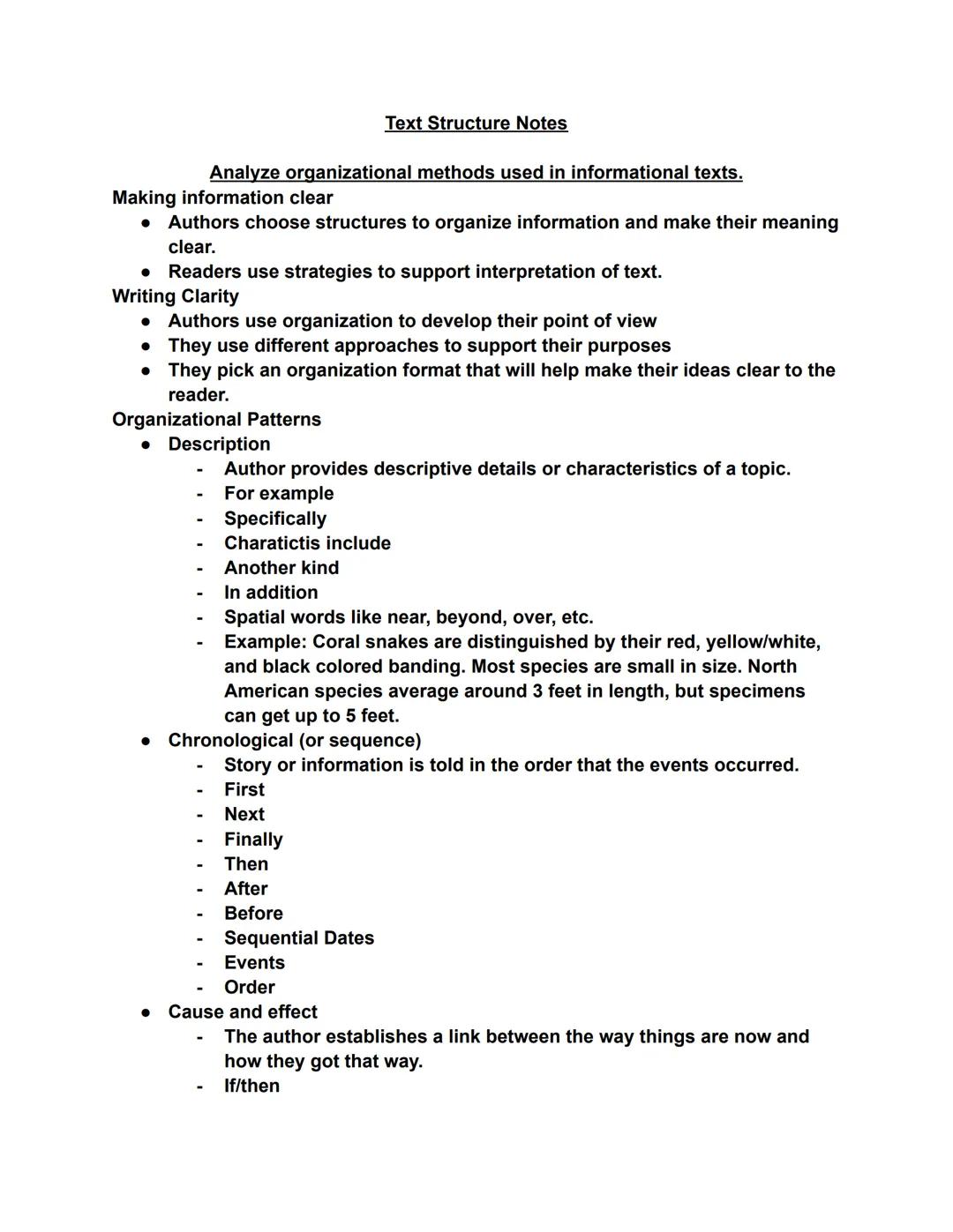 # Text Structure Notes

Analyze organizational methods used in informational texts.

Making information clear

*   Authors choose structures