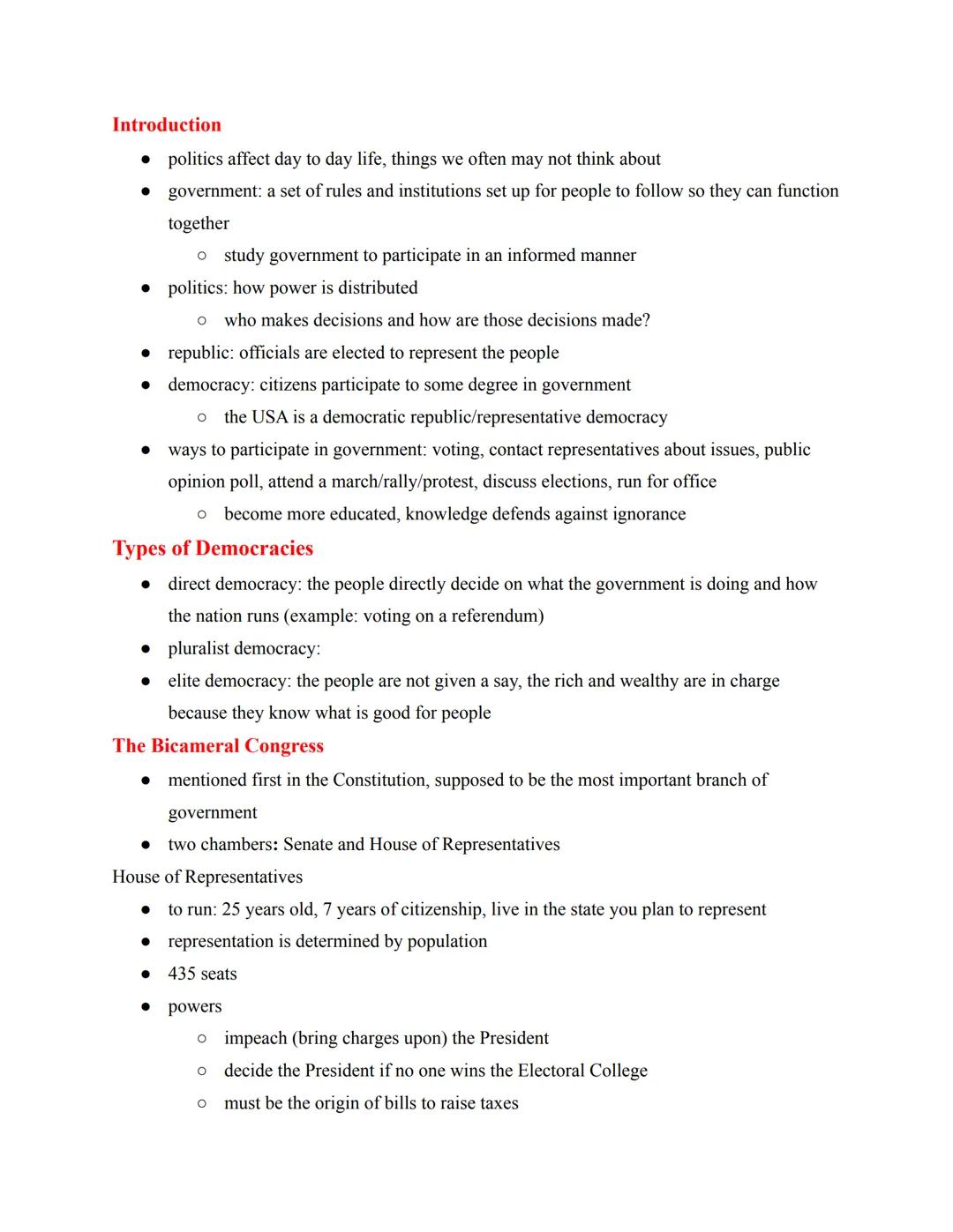 Introduction

• politics affect day to day life, things we often may not think about

government: a set of rules and institutions set up for