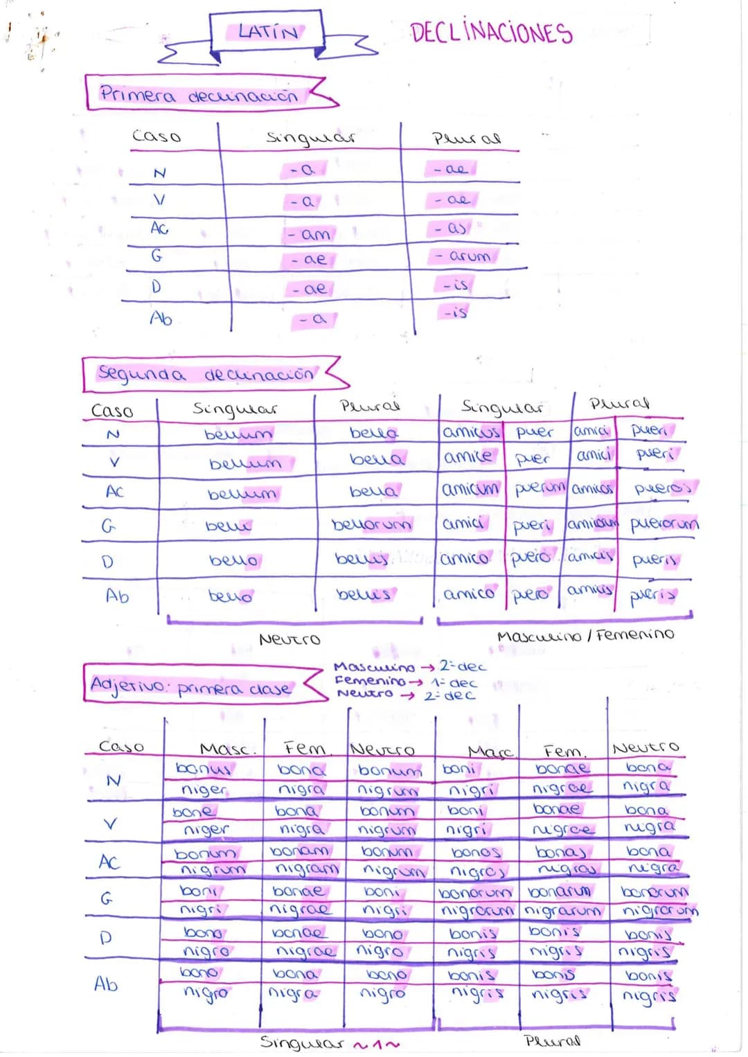 # LATIN

DECLINACIONES

Primera decunación

| Caso | Singular | Plural |
|---|---|---|
| N | -0 | -ae |
| V | -a | -ae |
| Ac | -am | -as |
