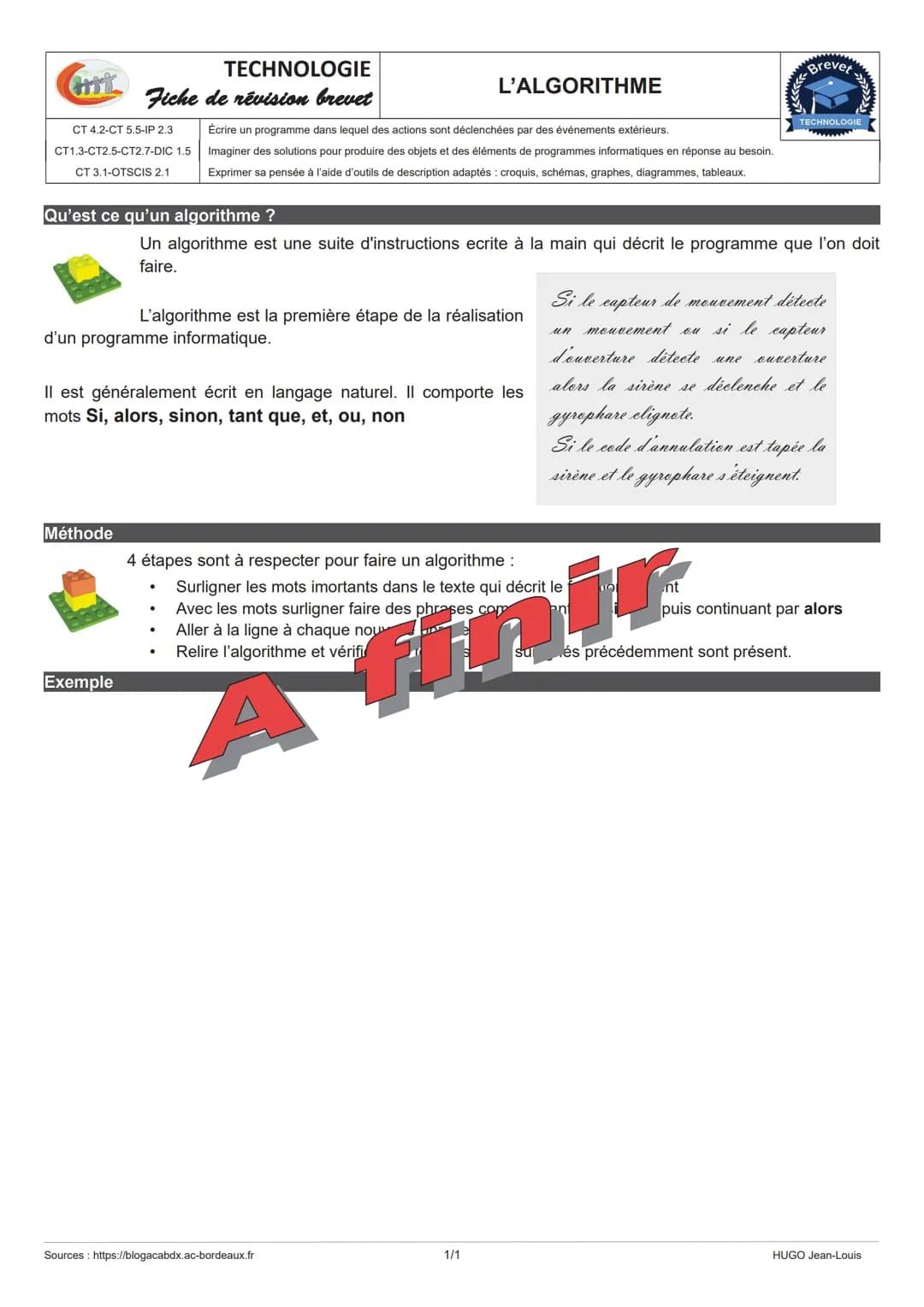 # TECHNOLOGIE

# STRUCTURE D'UN SYSTÈME

Fiche de révision brevet CHAÎNE D'ÉNERGIE – CHAÎNE D'INFORMATION

CS1.6-MSOST1.3
Analyser le foncti