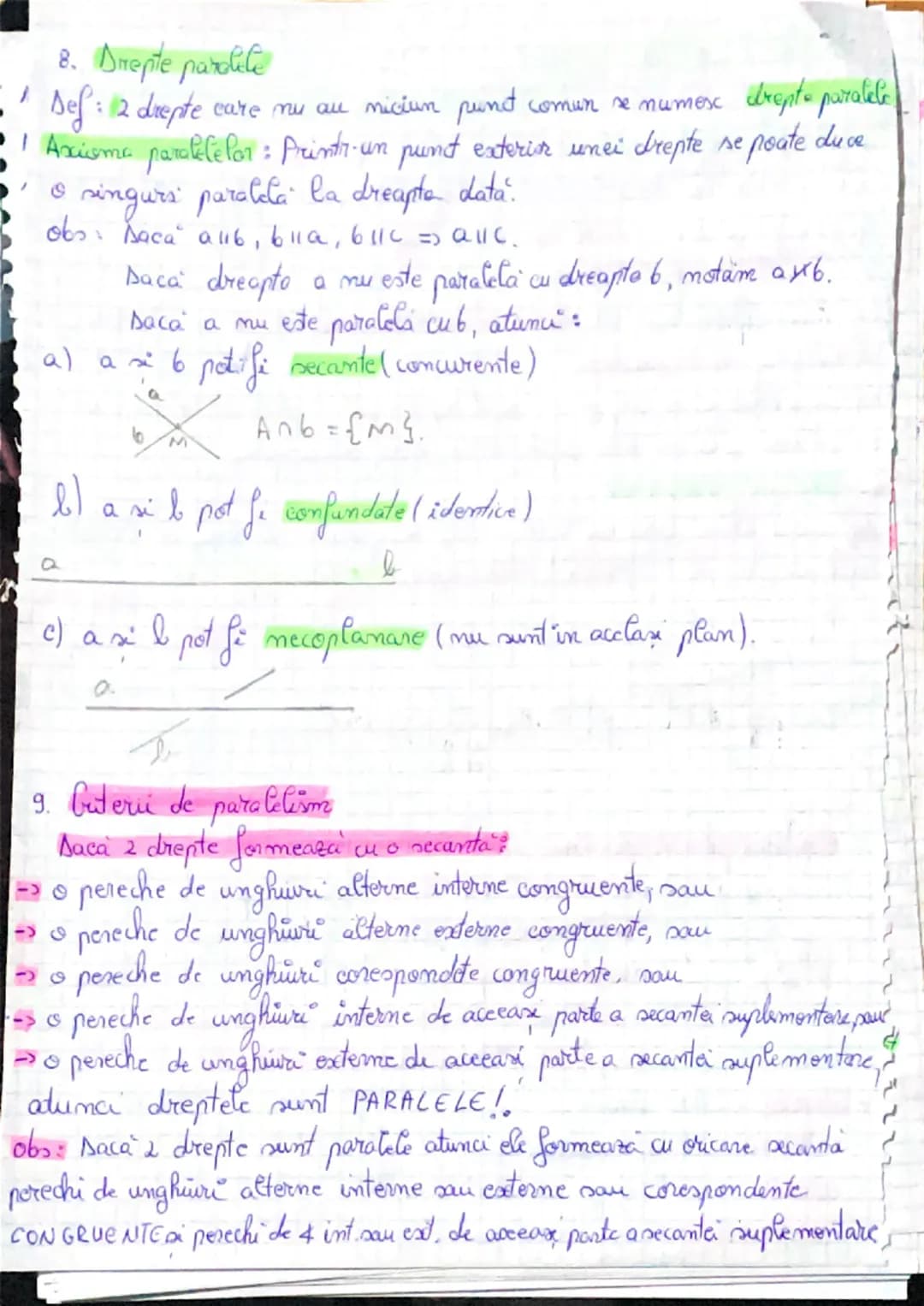 8. Drepte paralele

Def: 2 drepte care nu au niciun punt comun se numesc drepte paralele

| Axioma paralelefon: Printr-un punt exterior unei