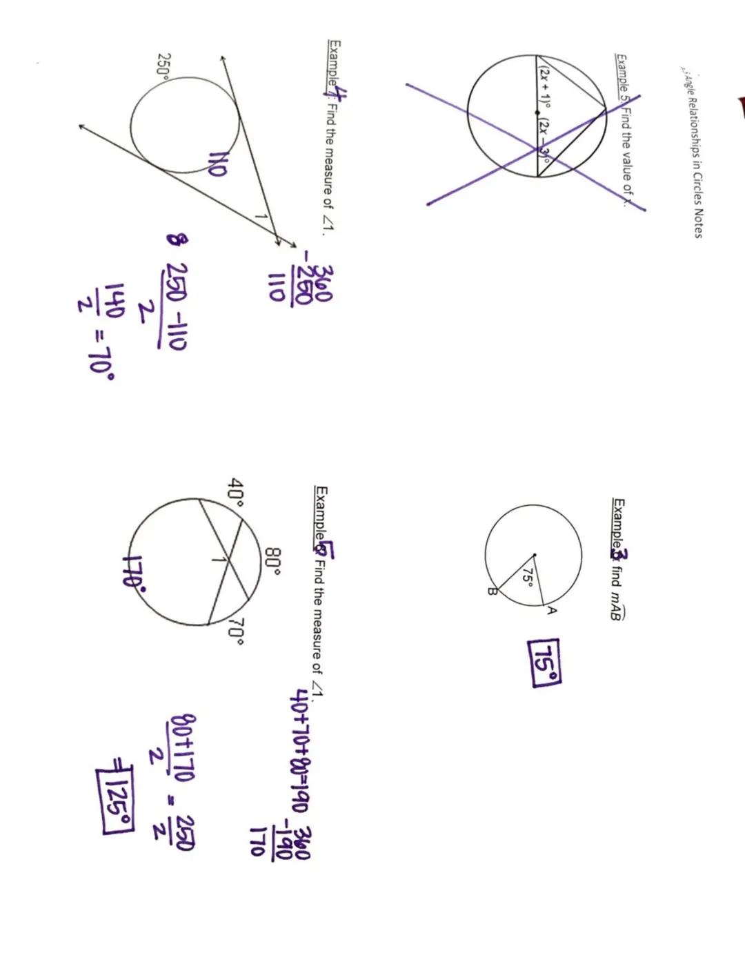 6 Angle Relationships in Circles Notes

1

2

Diagram(s)

Formula

Location
of Vertex

Name/How Formed

Examples

Find mGH 52°

G
52°
65°
52