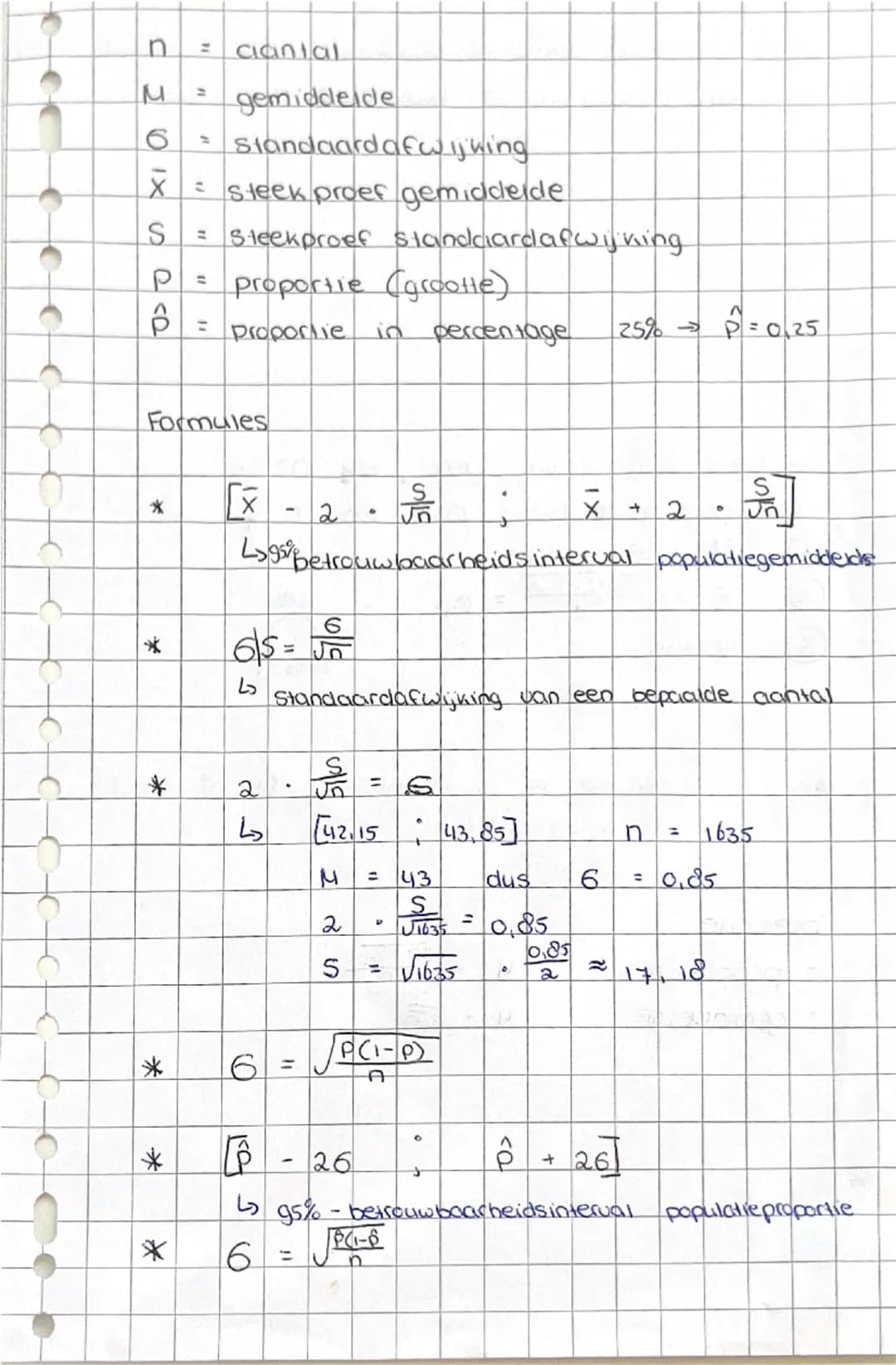 n = aantal
M = gemiddelde
6 = standaardafwijking
X = steekproef gemiddelde
S = steekproef standaardafwijking
P = proportie (grootte)
P = pro