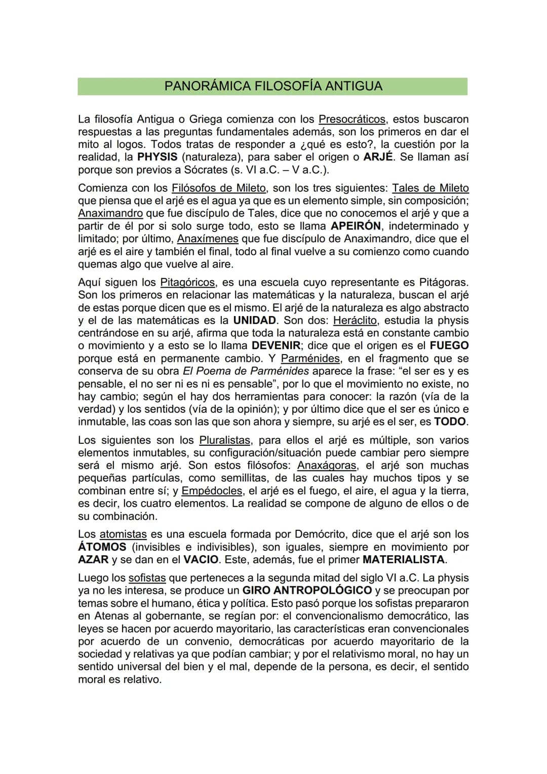 # PANORÁMICA FILOSOFÍA ANTIGUA

La filosofía Antigua o Griega comienza con los Presocráticos, estos buscaron
respuestas a las preguntas fund