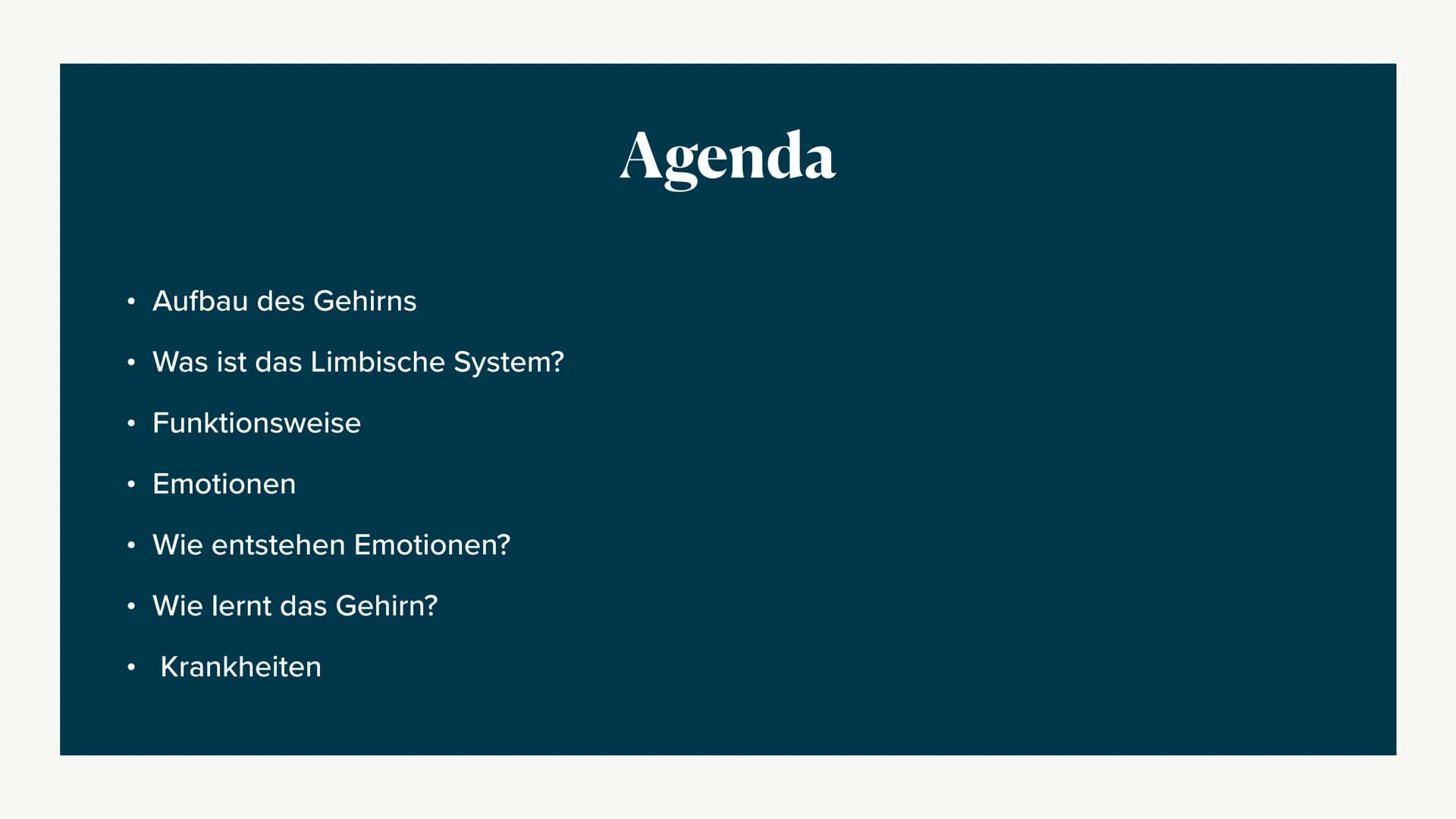 # Limbisches System

Helen 06.12.2022 Welche Rolle hat das limbische System
beim Entstehen Emotionen und wie
lernt das Gehirn? ## Agenda

• 