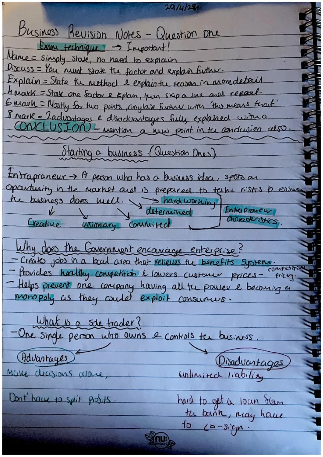 29/4/281
# Business Revision Notes - Question one
Exam technique Important!
Name = simply stave, no need to explain
Discuss = You must state