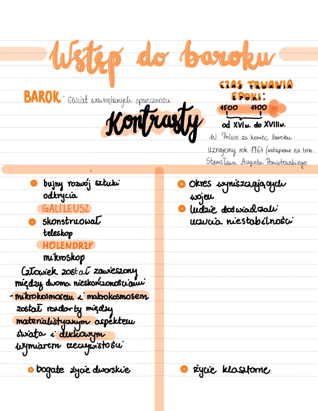 # Wstęp do baroku

BAROK Świat wewnętanylı spreczności

# Kontrasty

- bujny rozwój sztuki
odkrycia
GALILE USZ
- skonstruował
teleskop
HOLEN